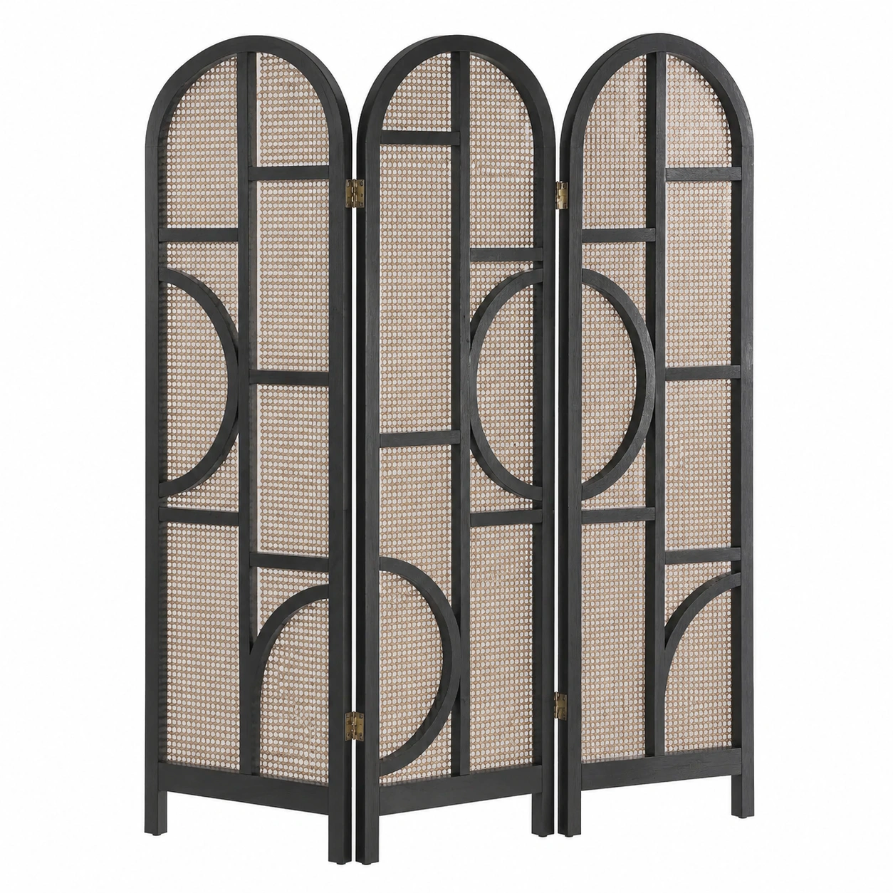 Biombo separador de ambientes de 3 paneles estilo arco en ratán natural y madera beige-timberlyfe